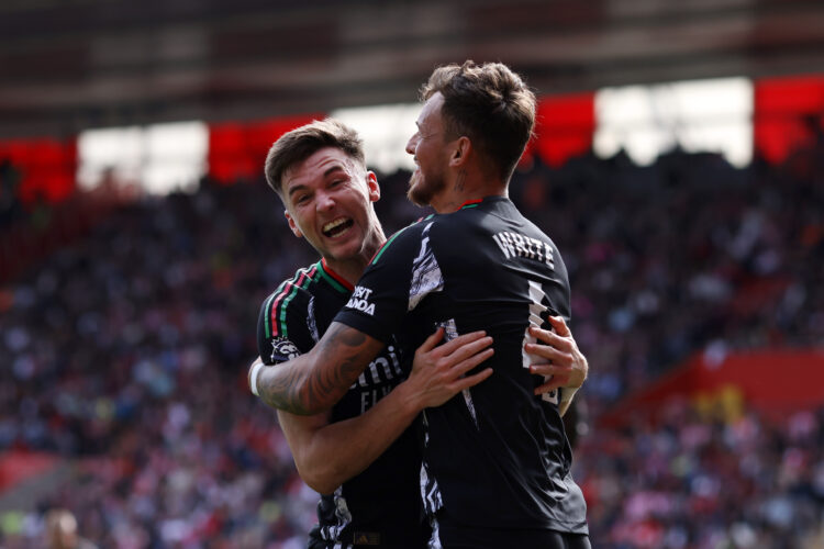 SOUTHAMPTON, ENGLAND - MAY 25: Kieran Tierney of Arsenal celebrates scoring his team's first goal with teammate Ben White during the Premier League...