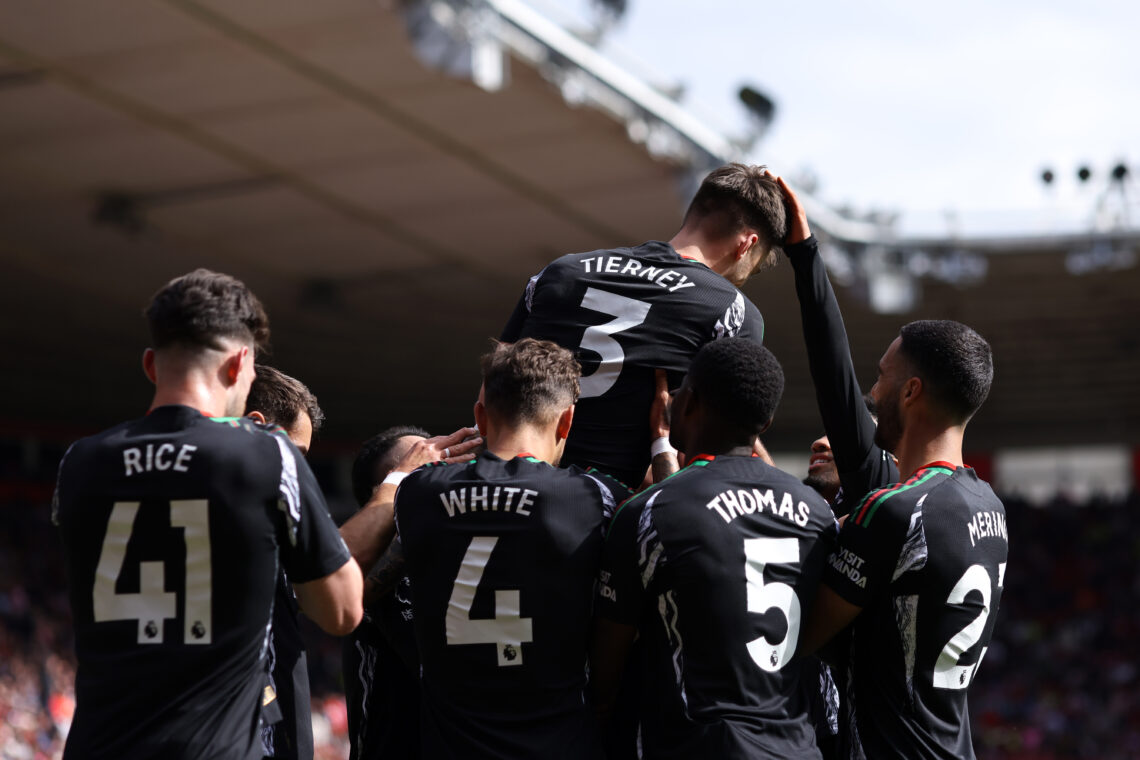 SOUTHAMPTON, ENGLAND - MAY 25: Kieran Tierney of Arsenal celebrates scoring his team's first goal with teammates during the Premier League match be...