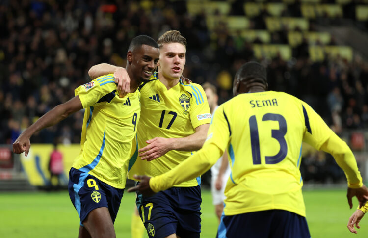 SOLNA, SWEDEN - NOVEMBER 16: Alexander Isak of Sweden celebrates scoring his team's second goal with team mate Viktor Gyokeres and Ken Sema of Swed...