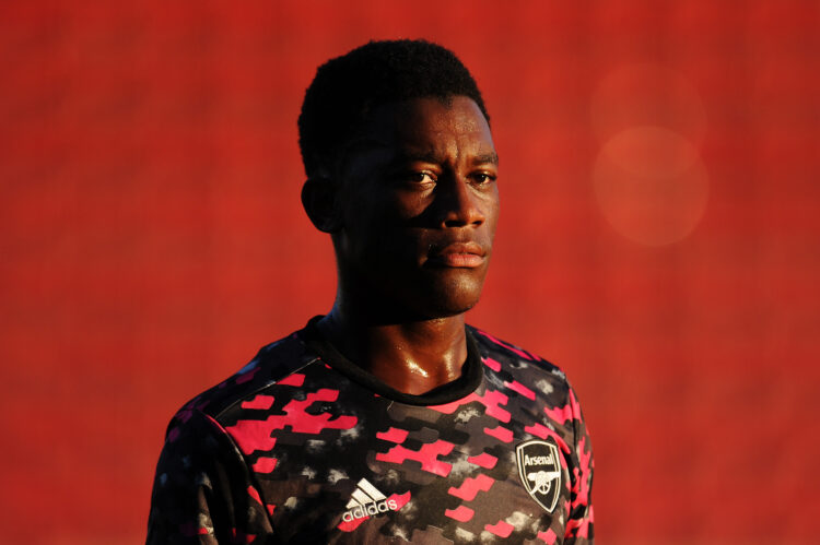 SWINDON, ENGLAND - SEPTEMBER 07: Khayon Edwards of Arsenal looks on as he walks off the pitch after warming up prior to the Papa John's Trophy matc...
