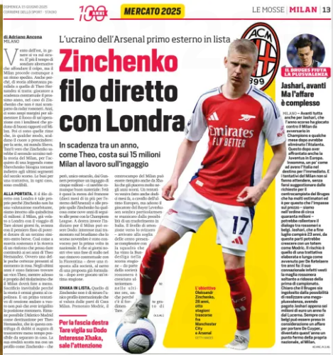 Arsenal and AC Milan working on €15m deal for 28yo 2 Zinchenko direct line with London The Ukrainian Arsenal first outside on the list Expiring in a year, like Theo, costs about 15 million Milan to work on the contract