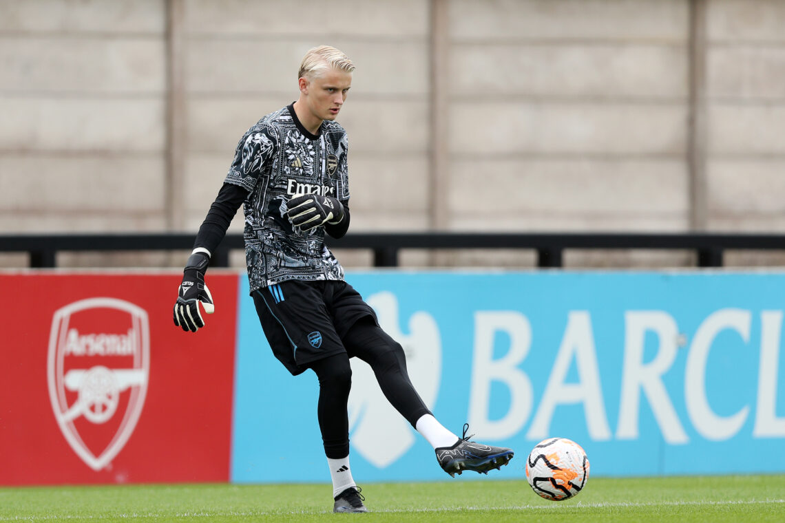 Lucas Nygaard of Arsenal XI passes the ball as he warms up prior to the Pre-Season Friendly match between Boreham Wood and Arsenal XI at Meadow Par...