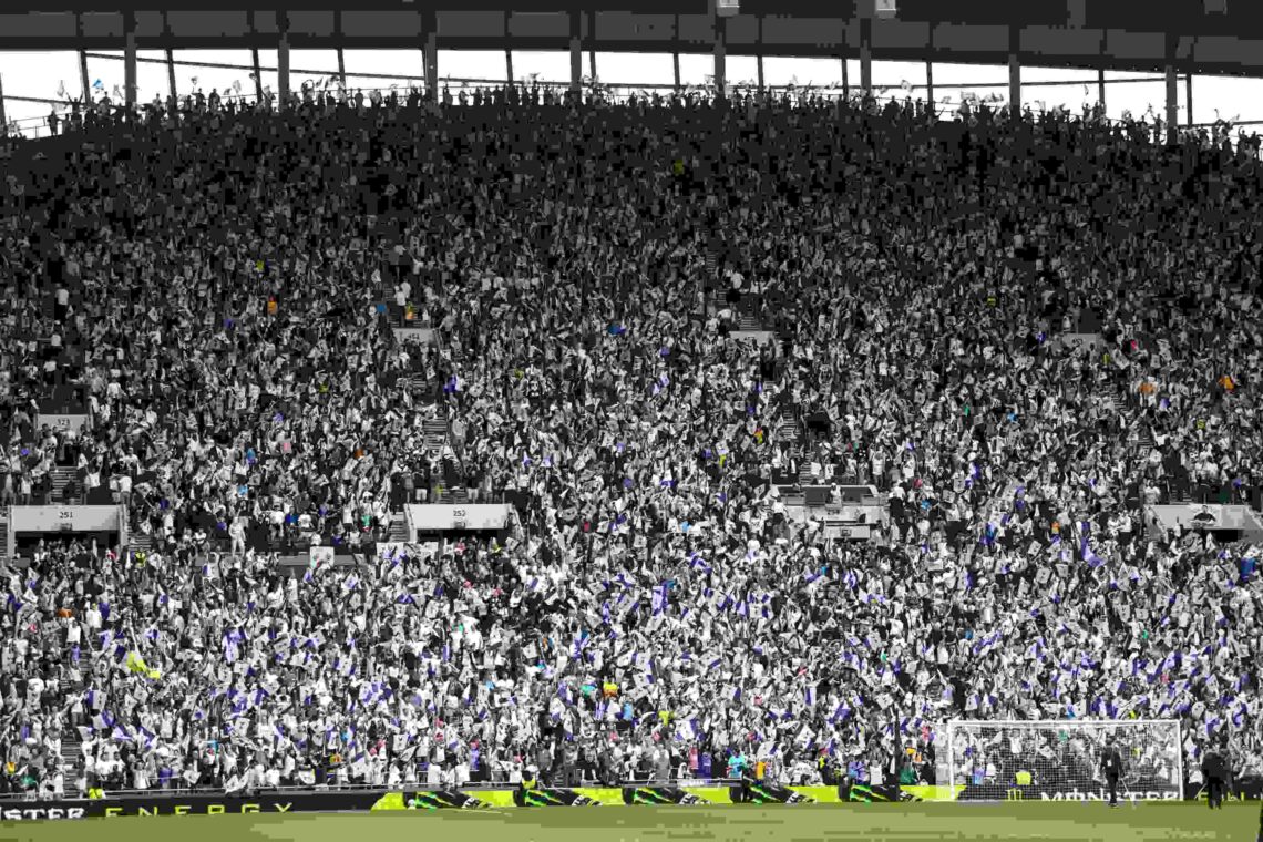 A general view as fans of Tottenham Hotspur wave small flags in the stands prior to the Premier League match between Tottenham Hotspur FC and Brigh...