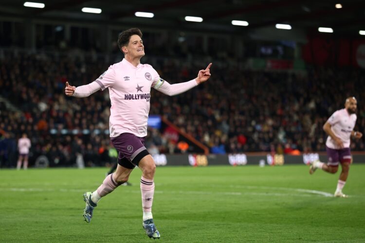 BOURNEMOUTH, ENGLAND: Christian Norgaard of Brentford celebrates scoring his team's second goal during the Premier League match between AFC Bournem...