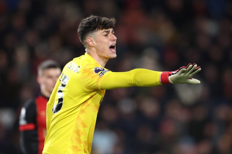 BOURNEMOUTH, ENGLAND: Kepa Arrizabalaga of Bournemouth signals to his team-mates during the Premier League match between AFC Bournemouth and Brentf...