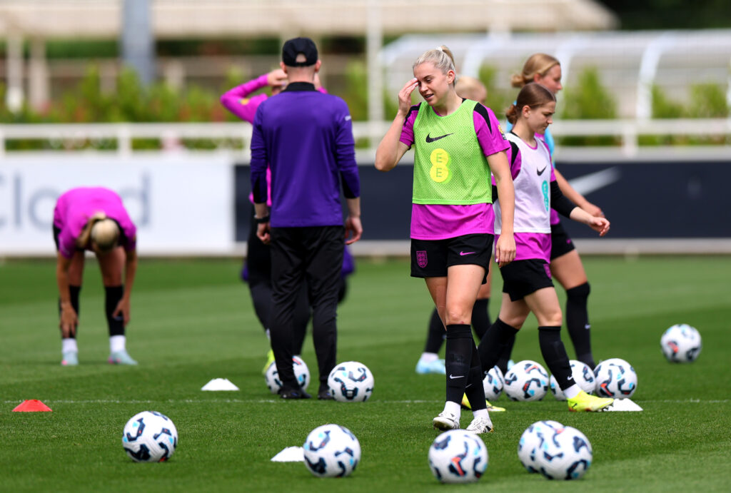 Arsenal await striker injury update as Sweden trio return to training 2 BURTON-UPON-TRENT, ENGLAND - MAY 29: Alessia Russo of England reacts during a training session at St Georges Park on May 29, 2025 in Burton-upon-Trent, England. (Photo by Molly Darlington/Getty Images)