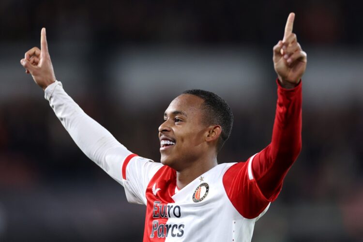 ROTTERDAM, NETHERLANDS: Igor Paixao of Feyenoord celebrates after scoring his team's first goal during the UEFA Europa League 2023/24 Knockout Roun...