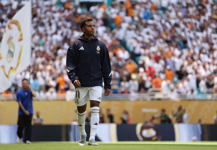 MIAMI GARDENS, FLORIDA: Rodrygo of Real Madrid C.F. enters the pitch prior to the FIFA Club World Cup 2025 group H match between Real Madrid CF and...