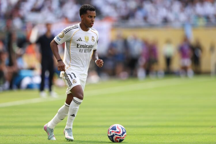 MIAMI GARDENS, FLORIDA: Rodrygo of Real Madrid C.F. controls the ball during the FIFA Club World Cup 2025 group H match between Real Madrid CF and ...