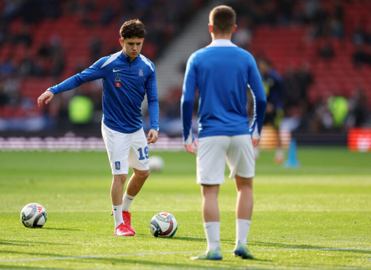 GLASGOW, SCOTLAND - MARCH 23: Konstantinos Karetsas of Greece warms up prior to the UEFA Nations League 2024/25 League A/B Play-offs Second Leg mat...