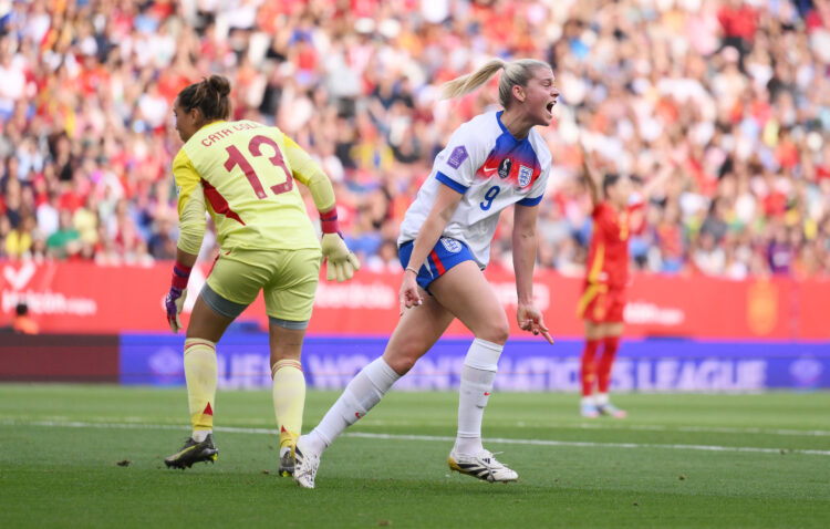 BARCELONA, SPAIN - JUNE 03: Alessia Russo of England celebrates scoring her team's first goal during the UEFA Women's Nations League 2024/25 Grp A3...