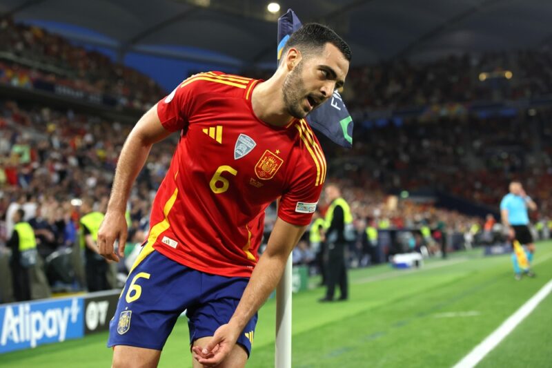 STUTTGART, GERMANY: Mikel Merino celebrates the team's second goal during the UEFA Nations League 2025 semifinal match between Spain and France at Stuttgart Arena on June 05, 2025. (Photo by Alex Grimm/Getty Images)