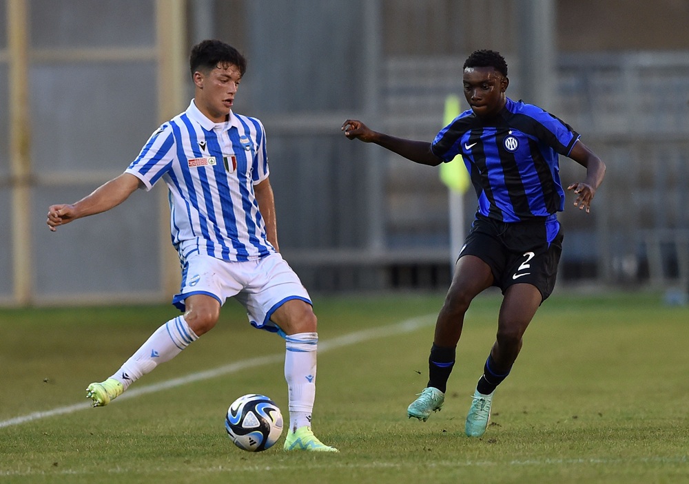 SAN BENEDETTO DEL TRONTO, ITALY: Emanuele Rao of Spal and Mike Aidoo of FC Internazionale in action during the Serie A e B U18 Final match between Spal and FC Internazionale at Stadio Riviera delle Palme on June 13, 2023. (Photo by Giuseppe Bellini/Getty Images)