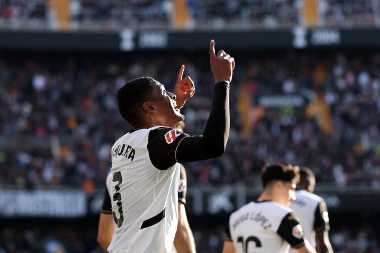 VALENCIA, SPAIN - FEBRUARY 09: Cristhian Mosquera of Valencia CF celebrates scoring his team's first goal during the LaLiga match between Valencia ...