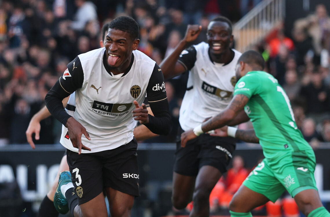 VALENCIA, SPAIN - FEBRUARY 09: Cristhian Mosquera of Valencia CF celebrates scoring his team's first goal during the LaLiga match between Valencia ...