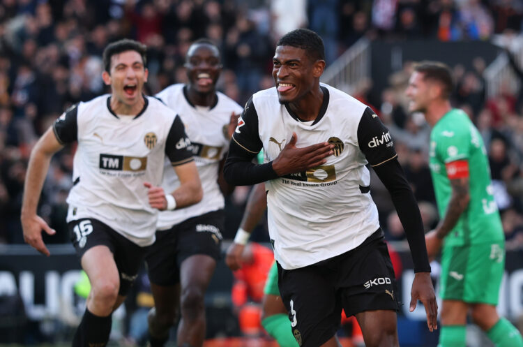 VALENCIA, SPAIN - FEBRUARY 09: Cristhian Mosquera of Valencia CF celebrates scoring his team's first goal during the LaLiga match between Valencia ...
