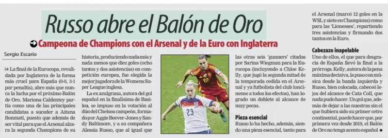 Arsenal star tipped to be first non-Spanish winner of Ballon d’Or since 2019 2 Russo opens the Golden Ball ➔ Champions League champion with Arsenal and the Euro with England Mundo Deportivo (At. Madrid)28 Jul 2025 ➔ The final of the European Championship, revalidated by England in the cruelest way for Spain (0-0, 3-1 on penalties), opens more than ever the fight for the next Ballon d'Or. Mariona Caldentey started as one of the main candidates to succeed Aitana Bonmatí, since in addition to being vital for Arsenal to lift the second Champions League in its history, producing no more and no less than ten goals (eight goals and two assists) in European competition, she was elected the best player of the English Women's Super League. The former Barça player, author of the Spanish goal in the final of Basel, prevailed in the voting to the Chelsea champion duo, formed by Aggie Beever-Jones and Sandy Baltimore, and her partner Alessia Russo, who like the other six ‘gunners’ mentioned by Sarina Wiegman for the European Championship (including Chloe Kelly, who played the second half of the season on loan at Arsenal and already a footballer of the London club for all intents and purposes), have achieved a double within reach of very few. Essential piece Russo has also done it, being an essential piece, both for Arsenal (he scored 12 goals in the WSL and seven in Champions League) and for the 'Lionesses', distributing three assists and signing two goals in the Euro. Unappealable headbutt One of them, the one that unfortunately for Spain took the final to extra time. Kelly, author of the decisive maximum penalty, put it to music from the left wing and Russo, well placed, headed away from the reach of Cata Coll, who could do nothing. A goal that, in addition to leaving ours without what would have been his first continental title, can make the Ballon d'Or have no Spanish accent for the first time since 2019 ●