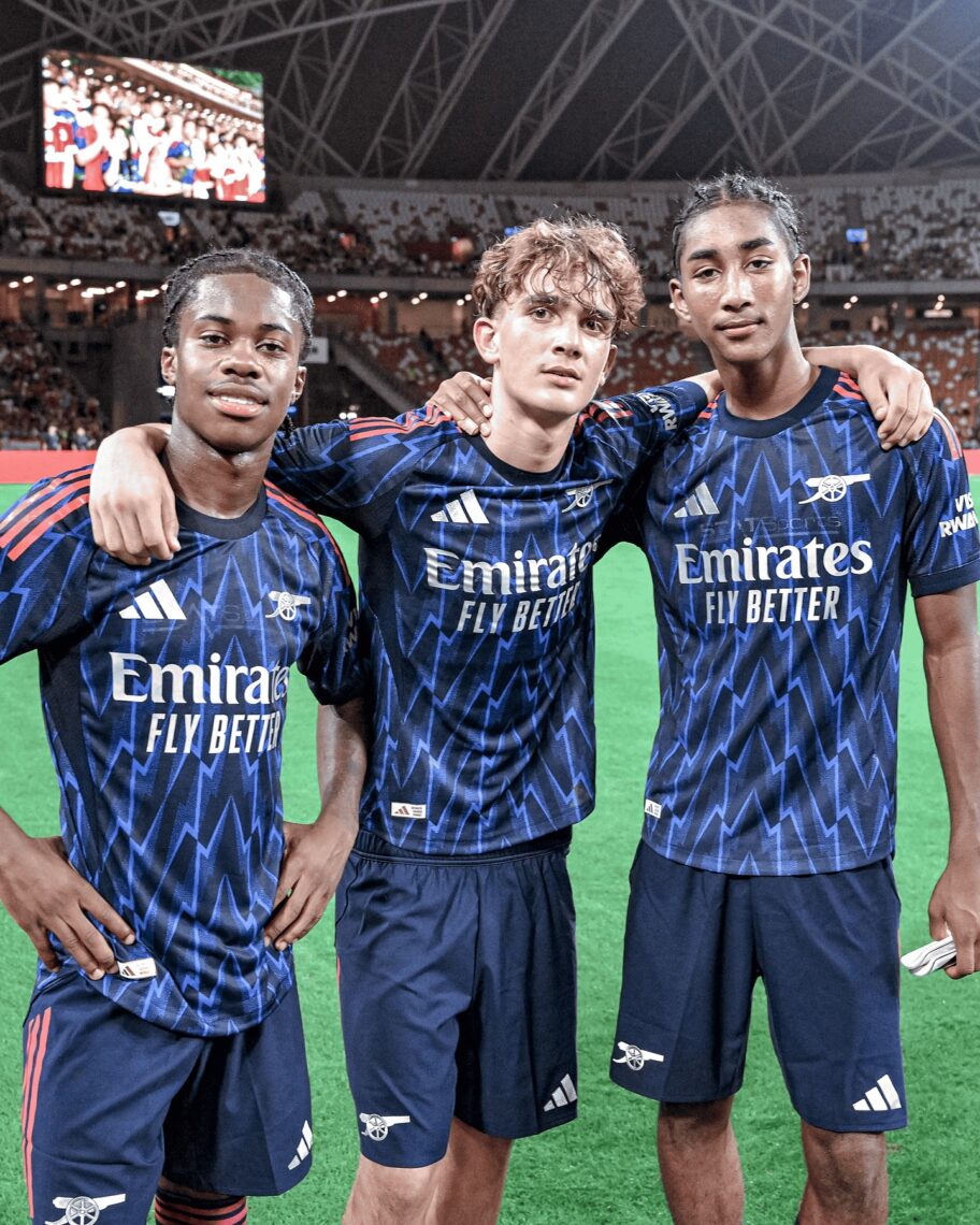 Josh Nichols (L), Max Dowman, and Marli Salmon (R) after their match for the Arsenal first-team (Photo via Premier League on Instagram)