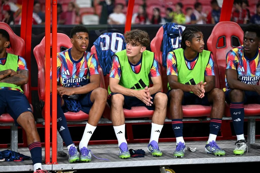Max Dowman and Marli Salmon on the bench for the Arsenal first-team (Photo via Dowman on Instagram)