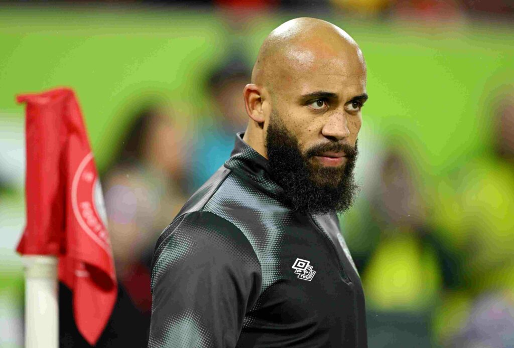 Bryan Mbeumo of Brentford looks on, during the warm up prior to the Premier League match between Brentford FC and Arsenal FC at the Brentford Commu...