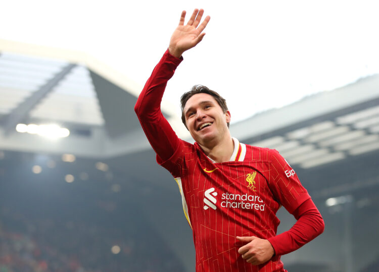 Federico Chiesa of Liverpool celebrates scoring his team's fourth goal during the Emirates FA Cup Third Round match between Liverpool and Accringto...