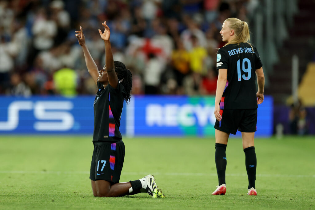 Michelle Agyemang of England celebrates scoring her team's first goal during the UEFA Women's EURO 2025 Semi-Final match between England and Italy ...