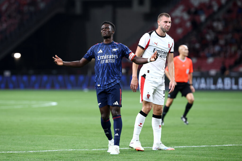 Bukayo Saka of Arsenal reacts during the Pre-Season Friendly match between Arsenal FC and AC Milan at National Stadium on July 23, 2025 in Singapore.