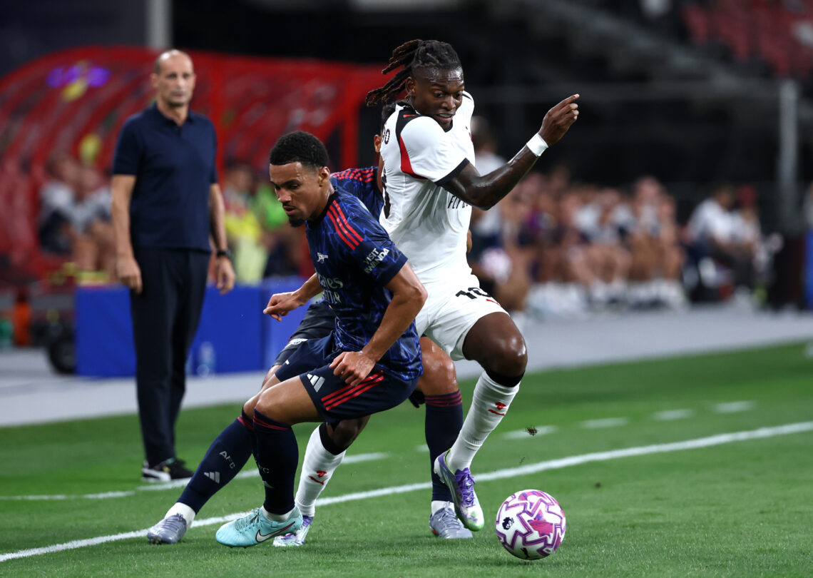 Arteta wants Nwaneri to focus on 1 position now 1 Rafael Leao of AC Milan is challenged by Ethan Nwaneri of Arsenal during the Pre-Season Friendly match between Arsenal FC and AC Milan at National ...