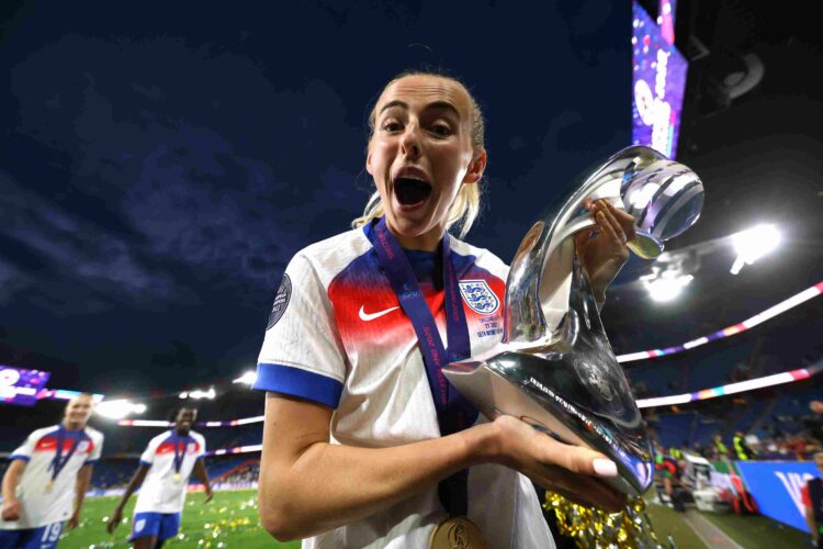 Chloe Kelly of England celebrates with the UEFA Women's EURO trophy after her team's victory in the UEFA Women's EURO 2025 Final match between Engl...