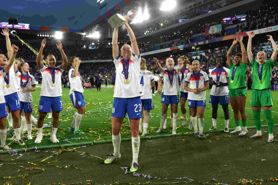 Alessia Russo of England celebrates with the UEFA Women's EURO trophy after her team's victory in the UEFA Women's EURO 2025 Final match between En...