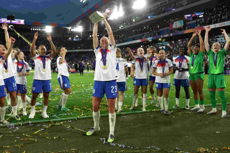 Alessia Russo of England celebrates with the UEFA Women's EURO trophy after her team's victory in the UEFA Women's EURO 2025 Final match between En...