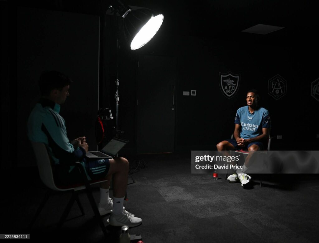 Leak of Arsenal's next signing in Arsenal kit after Madueke announcement 2 Christian Mosquera in Arsenal training gear being interviewed