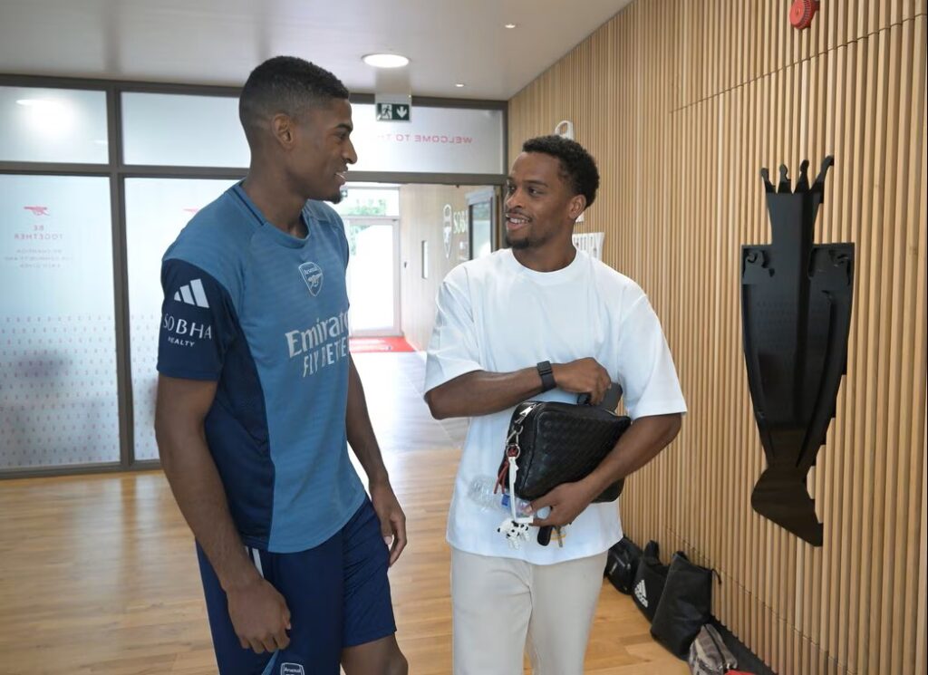 Mikel Arteta explains new signing's absence vs Newcastle United 3 Cristhian Mosquera with Jurrien Timber at Arsenal's training ground (Photo via Arsenal.com)