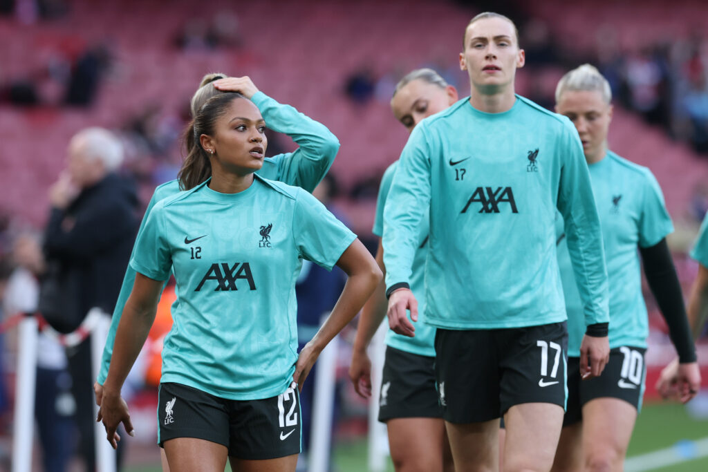 Hinds ‘buzzing’ to be back at Arsenal 4 LONDON, ENGLAND - MARCH 22: Taylor Hinds of Liverpool looks on during the warm up with team mate Jenna Clark prior to the Barclays Women's Super League match between Arsenal FC and Liverpool FC at Emirates Stadium on March 22, 2025 in London, England. (Photo by Richard Pelham/Getty Images)