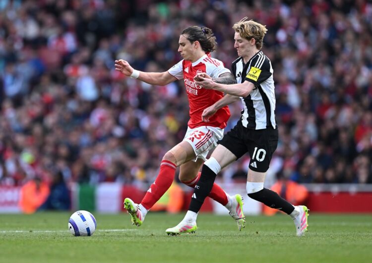 LONDON, ENGLAND: Riccardo Calafiori of Arsenal is challenged by Anthony Gordon of Newcastle United during the Premier League match between Arsenal ...
