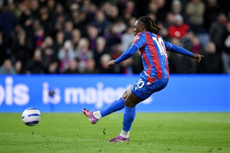 LONDON, ENGLAND: Eberechi Eze of Crystal Palace scores his team's first goal from penalty spot during the Premier League match between Crystal Pala...