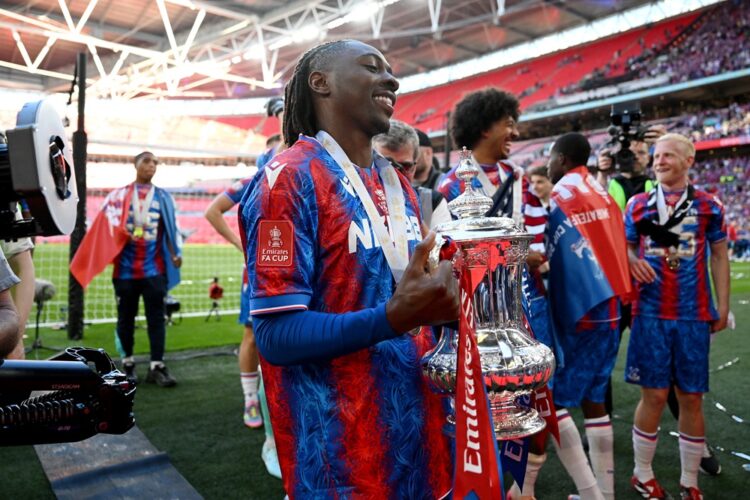 LONDON, ENGLAND: Eberechi Eze of Crystal Palace poses for a photo with the FA Cup trophy after their team's victory in the Emirates FA Cup Final ma...