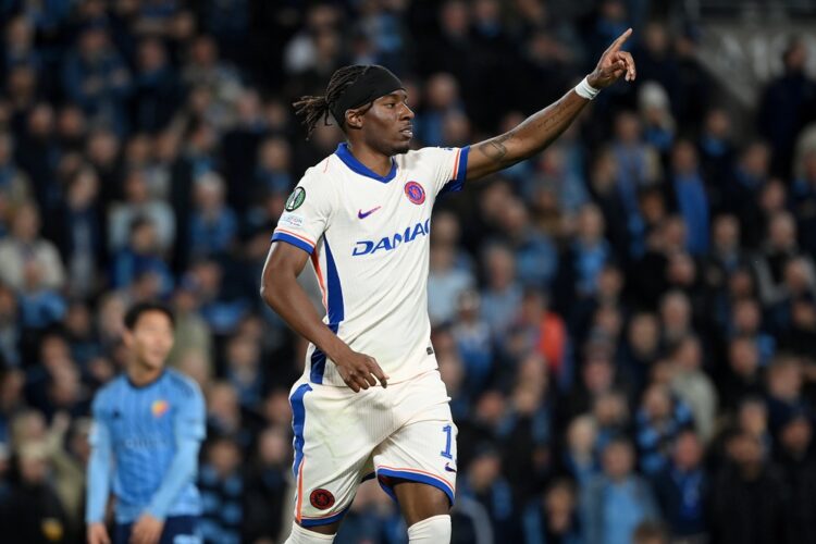 STOCKHOLM, SWEDEN: Noni Madueke of Chelsea celebrates scoring his team's second goal during the UEFA Conference League 2024/25 Semi Final First Leg...