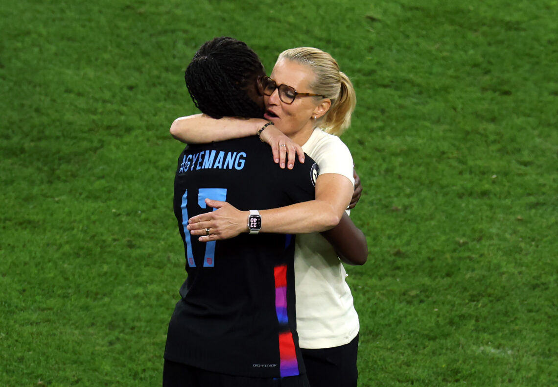GENEVA, SWITZERLAND - JULY 22: Sarina Wiegman, Head Coach of England, embraces Michelle Agyemang of England as they celebrate after the teams victo...