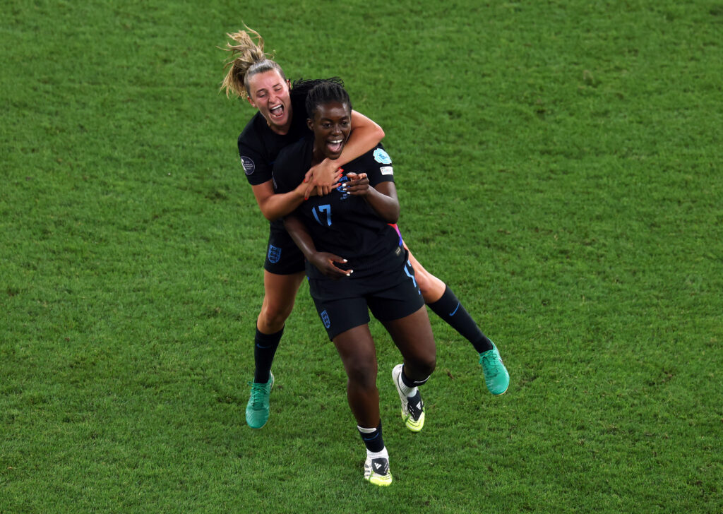 GENEVA, SWITZERLAND - JULY 22: Michelle Agyemang of England celebrates with teammate Ella Toone after scoring her team's first goal during the UEFA Women's EURO 2025 Semi-Final match between England and Italy at Stade de Geneve on July 22, 2025 in Geneva, Switzerland. (Photo by Alexander Hassenstein/Getty Images)