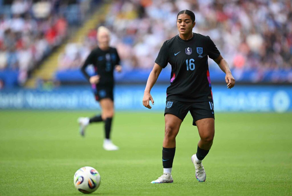 LEICESTER, ENGLAND - JUNE 29: Jess Carter of England in action during the Women's international friendly match between England and Jamaica at The King Power Stadium on June 29, 2025 in Leicester, England. (Photo by Clive Mason/Getty Images)