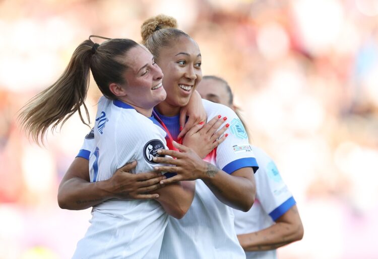 ZURICH, SWITZERLAND: Lauren James of England celebrates scoring her team's third goal with team mate Ella Toone during the UEFA Women's EURO 2025 G...