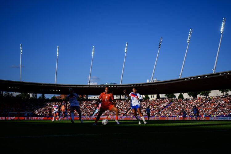 ZURICH, SWITZERLAND: General view inside the stadium as Chasity Grant of the Netherlands is challenged by Jessica Carter of England during the UEFA...