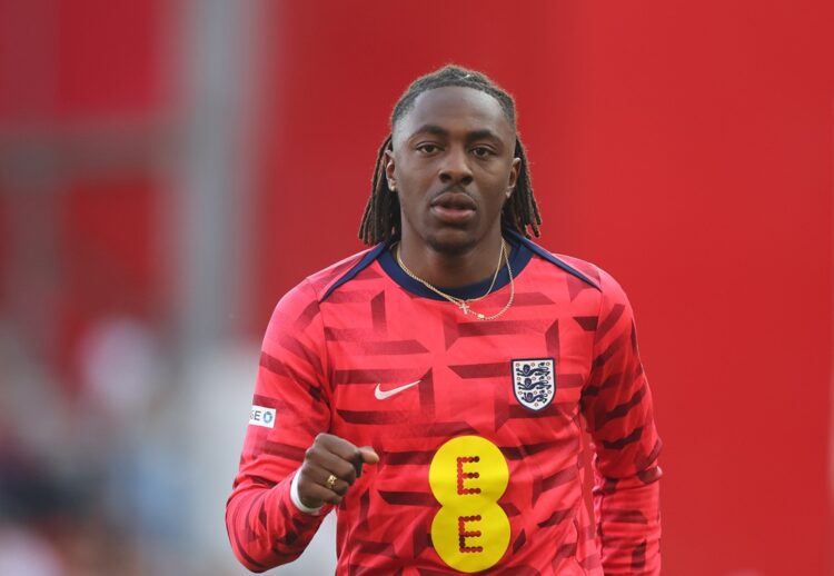 NOTTINGHAM, ENGLAND: Eberechi Eze of England looks on, during the warm up prior to the international friendly match between England and Senegal at ...