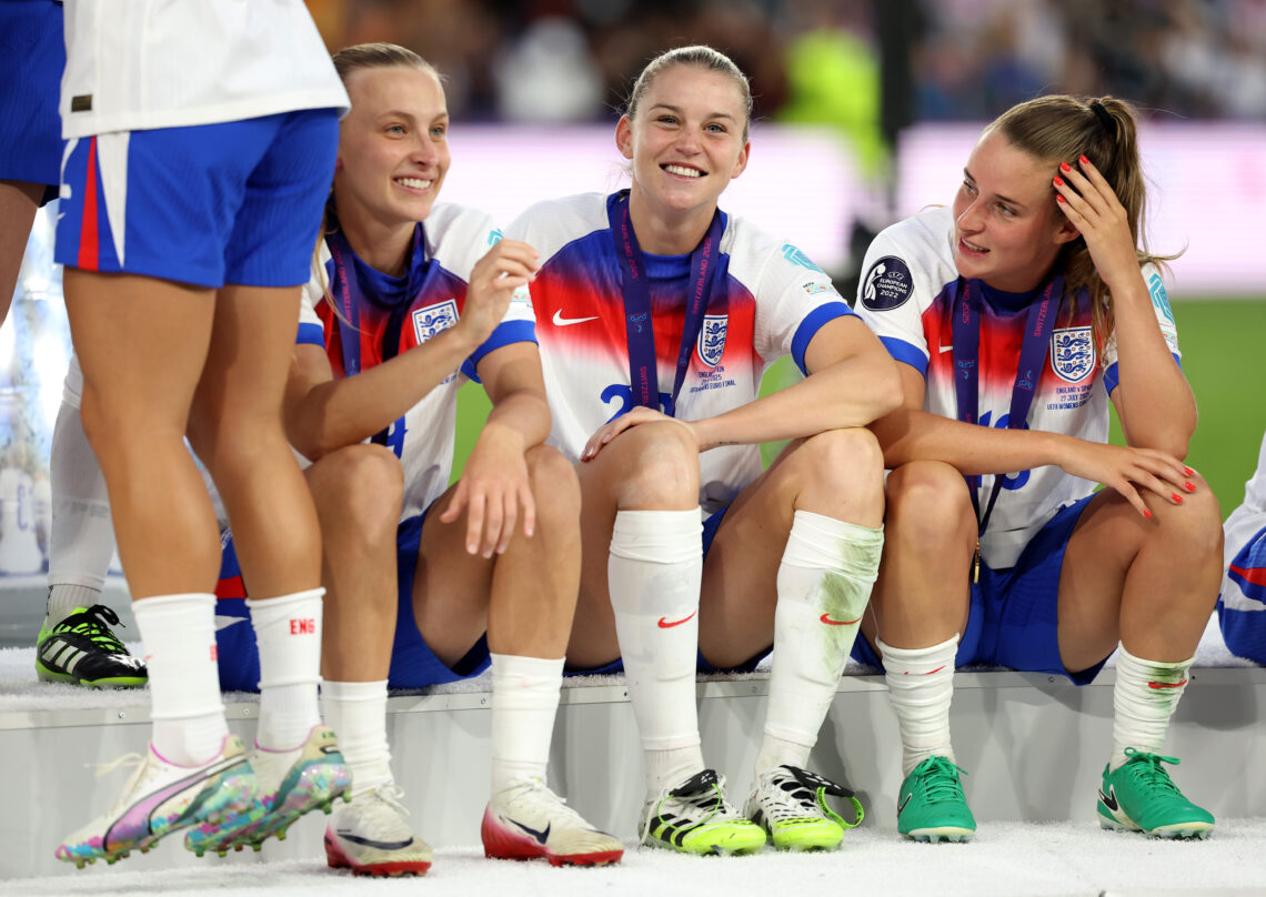 BASEL, SWITZERLAND - JULY 27: Aggie Beever-Jones, Alessia Russo and Ella Toone of England celebrate following the team's victory in the UEFA Women'...