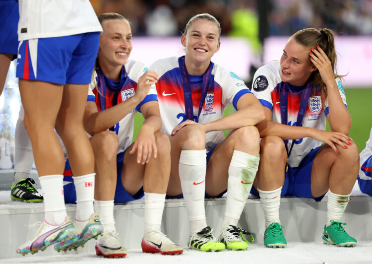 BASEL, SWITZERLAND - JULY 27: Aggie Beever-Jones, Alessia Russo and Ella Toone of England celebrate following the team's victory in the UEFA Women'...