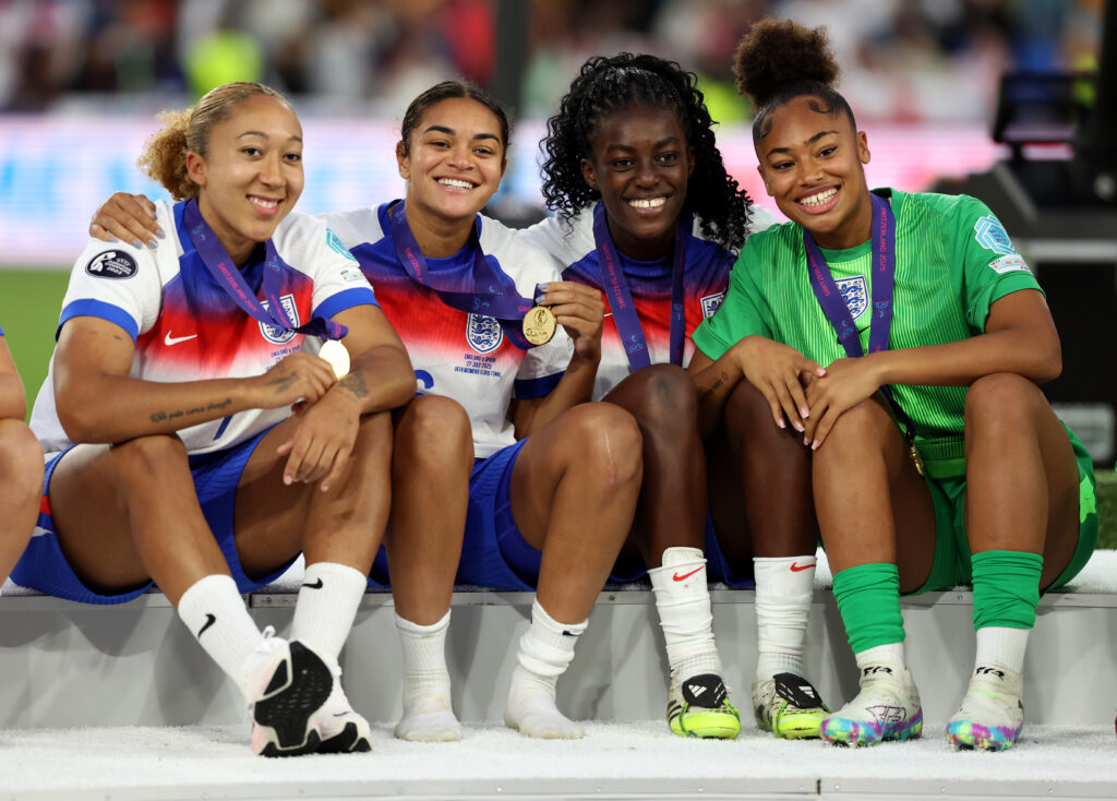 BASEL, SWITZERLAND - JULY 27: Lauren James, Jessica Carter, Michelle Agyemang and Khiara Keating of England pose for a photo with their Winners Medals following victory in the UEFA Women's EURO 2025 Final match between England and Spain at St. Jakob-Park on July 27, 2025 in Basel, Switzerland. (Photo by Charlotte Wilson/Getty Images)