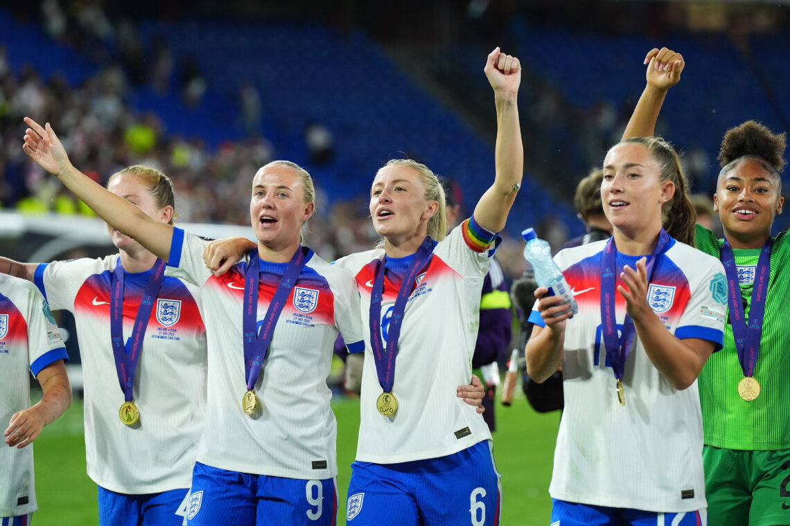 BASEL, SWITZERLAND - JULY 27: Leah Williamson celebrates with teammate Beth Mead of England following their side's victory in the UEFA Women's EURO...