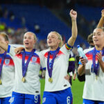 BASEL, SWITZERLAND - JULY 27: Leah Williamson celebrates with teammate Beth Mead of England following their side's victory in the UEFA Women's EURO 2025 Final match between England and Spain at St. Jakob-Park on July 27, 2025 in Basel, Switzerland. (Photo by Daniela Porcelli/Getty Images)
