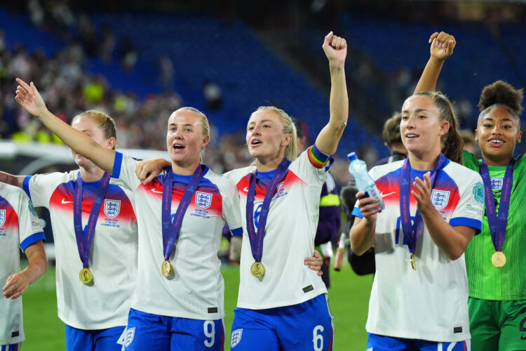 BASEL, SWITZERLAND - JULY 27: Leah Williamson celebrates with teammate Beth Mead of England following their side's victory in the UEFA Women's EURO...
